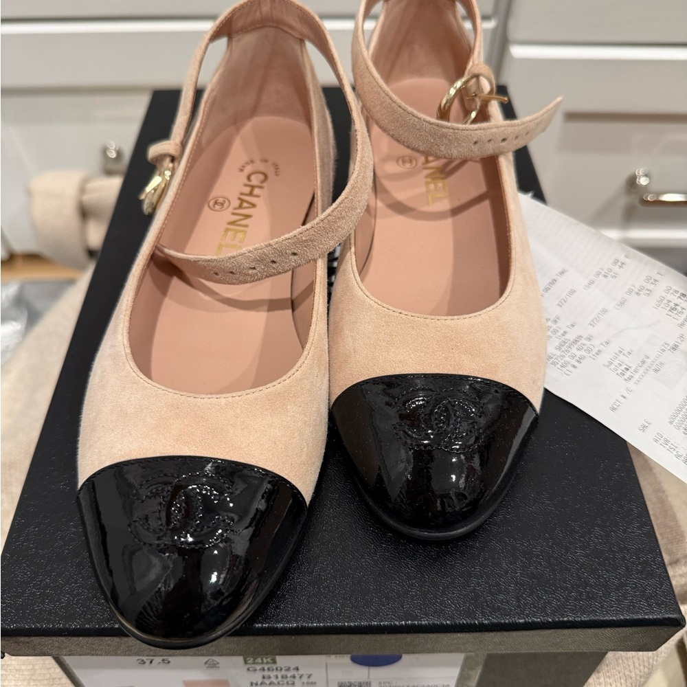 CHANEL Beige Suede Mary Jane Flats with Black Patent Cap-Toe